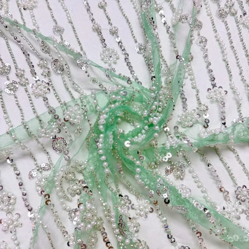 

90x125cm Floral Stripes Sequins Embroidery Cloth Tulle Mesh Beaded Wedding Party Sewing Fabric DIY Dress Clothing Supplies
