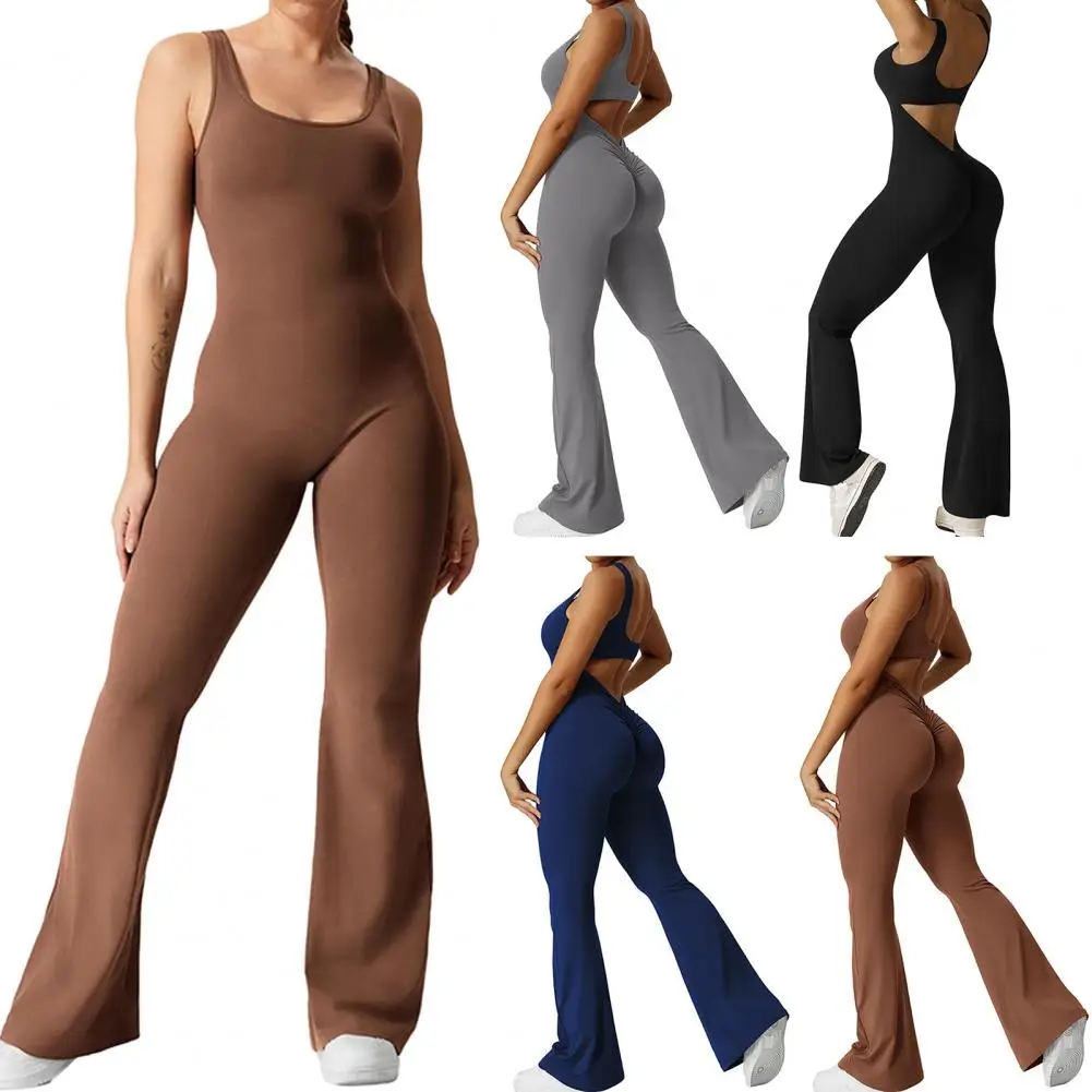 Jumpsuit musim panas wanita, Jumpsuit berlubang pipih desain tanpa lengan elastis pinggang tinggi punggung terbuka untuk gaya Sporty