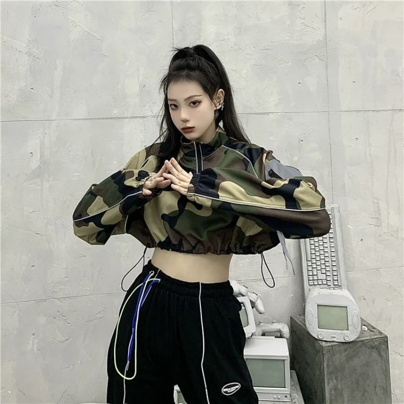 Hikigawa Chic Fashion Women Harajuku All Match Camouflage Pullover Sweatshirts Streetwear Casual Y2k Outerwear Crop Tops Mujer