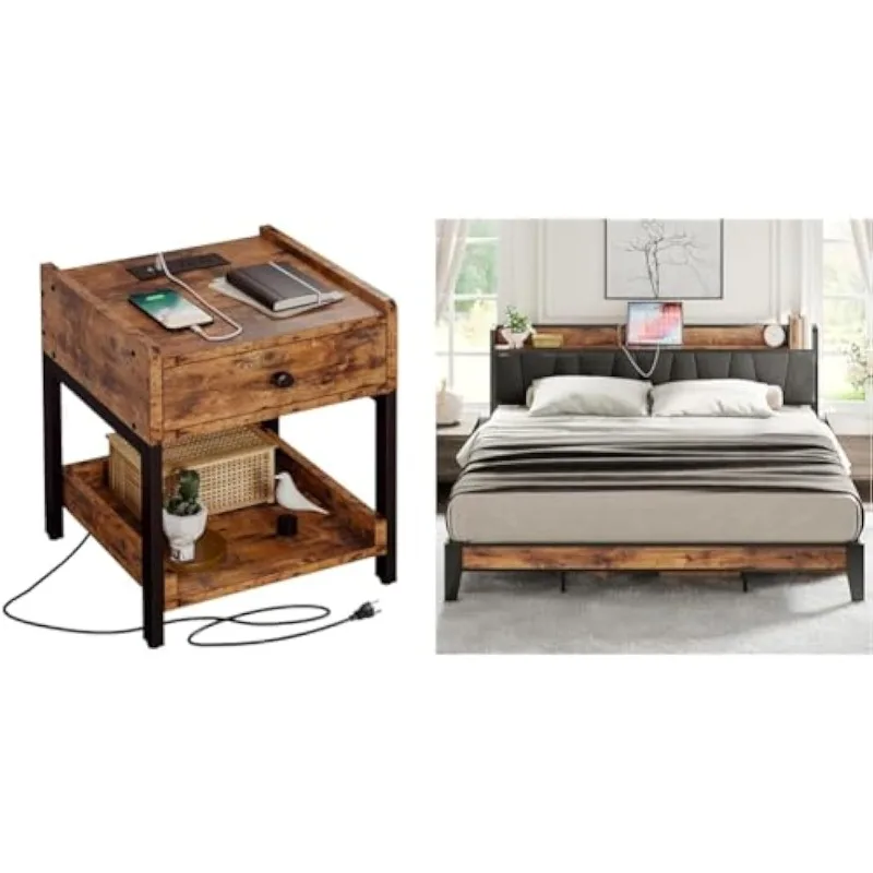 

Nightstand, Set of 2 Bedside Table with Charging Station & King Size Bed Frame, Storage Headboard with Charging Station,