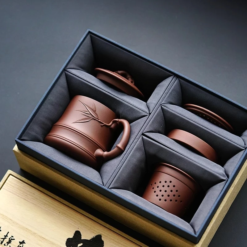Gaosheng bamboo joint liner cover cup, Yixing purple sand, bottom groove green 500cc