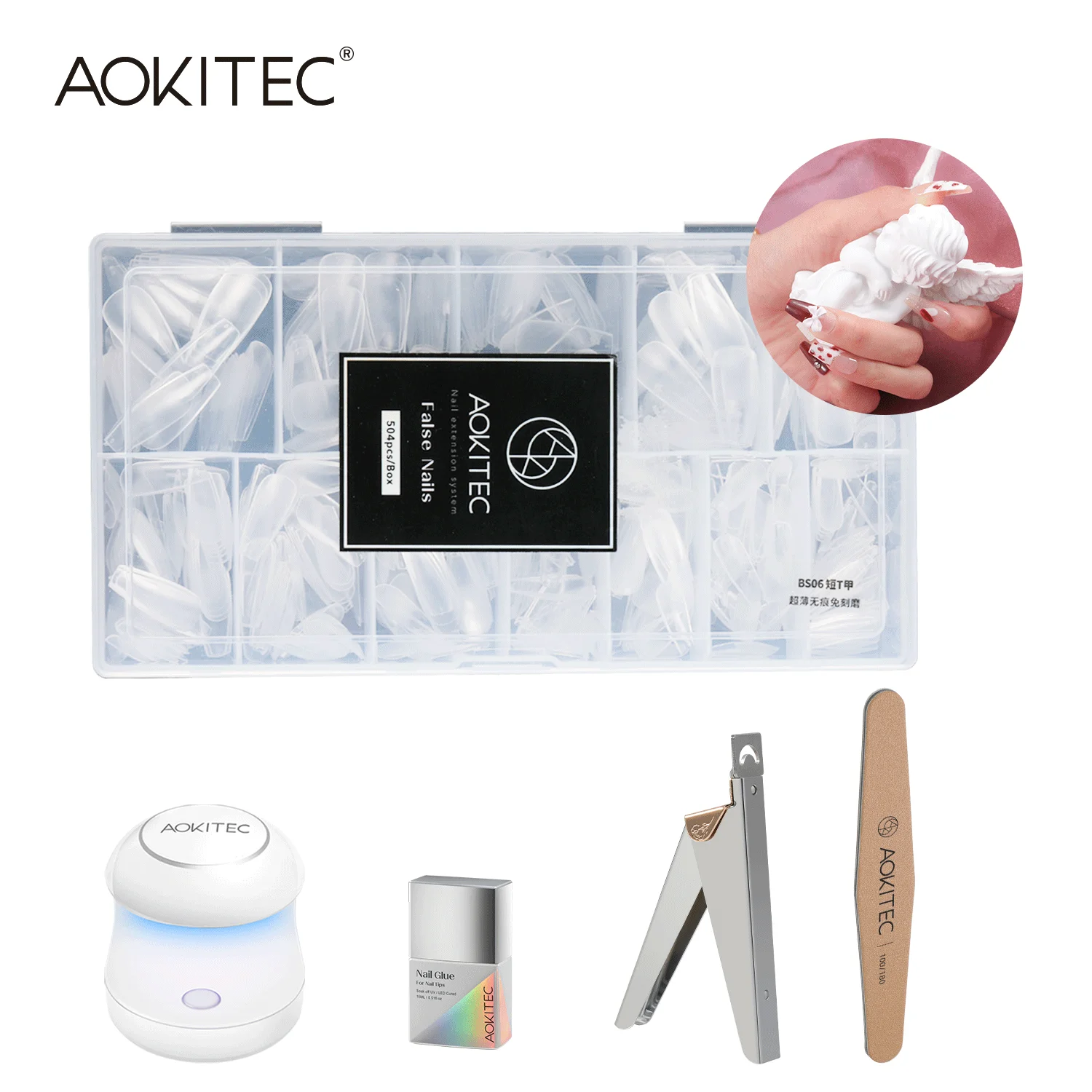 Aokitec Manicure Set False Nail 504PCS with Nail File Dryer Lamp UV LED Tip Clip Function Nail Tips Glue Art Tools Sets