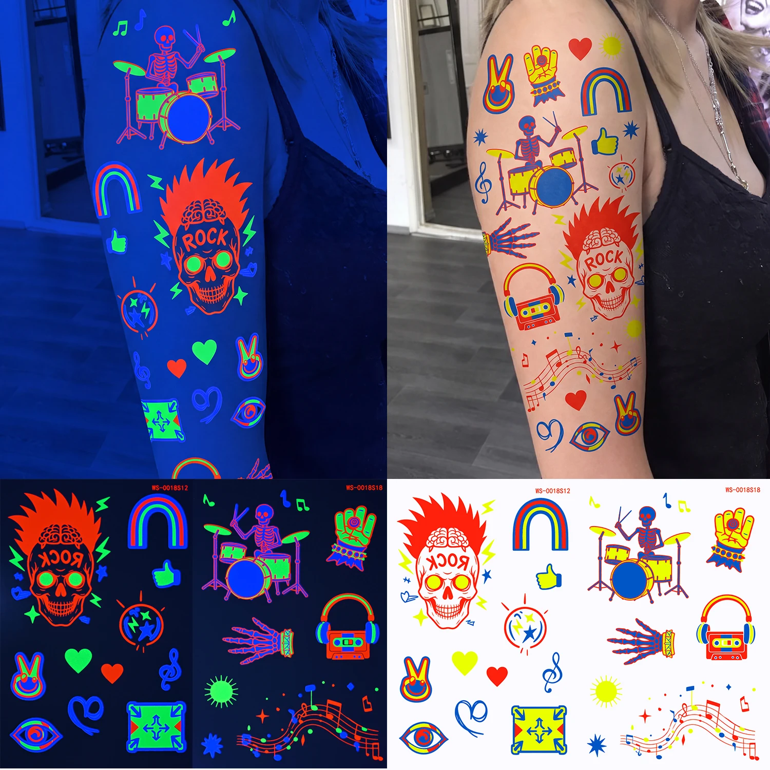 10pcs Fluorescent Cartoon Skull Heart Dinosaur Temporary Tattoo Neon UV Blacklight Reactive Sticker Waterproof Luminous Body Art