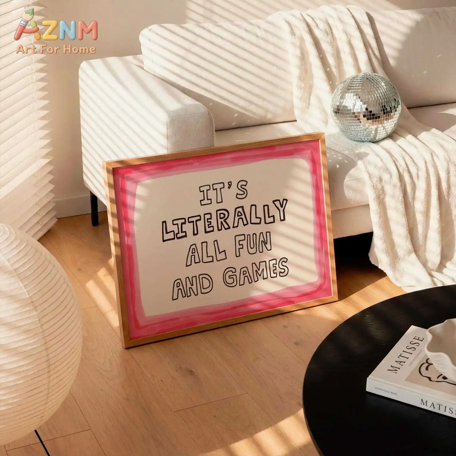AZNM It's Literally All Fun And Games Canvas Wall Art Pink Border Retro Text Print Aesthetic Living Room Decor Unframed