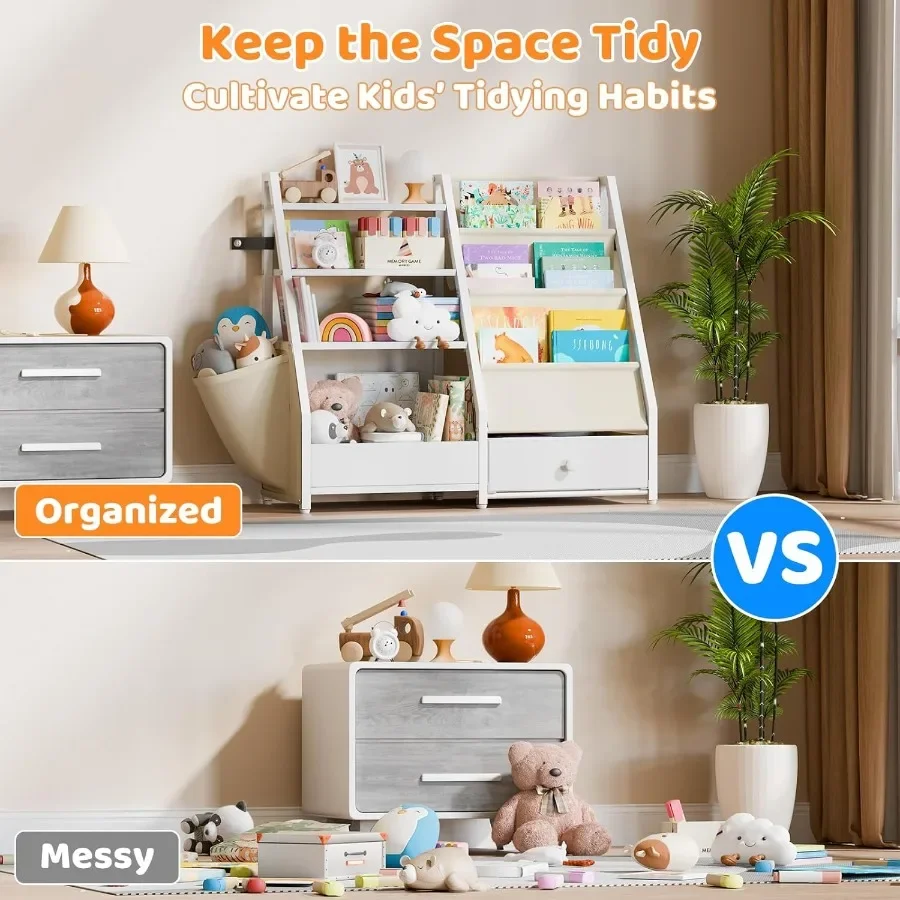 Bookshelf and Toy Storage for Nursery and Toddler Rooms MontessoriInspired White Bookcase with Adjustable Shelves Safe NonToxic