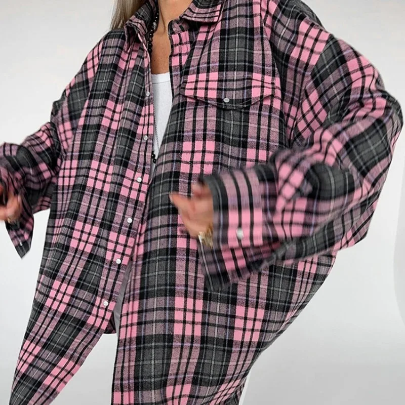 

New Spring Women Single-Breasted Long Sleeves Contrast Color Top Cardigan Fashion Retro Lattice Loose Shirt Female Autumn New