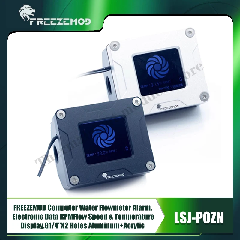 

FREEZEMOD Computer Water Flowmeter Alarm, Electronic Data RPM Flow Speed & Temperature Display,G1/4''X2 Holes Aluminum+Acrylic