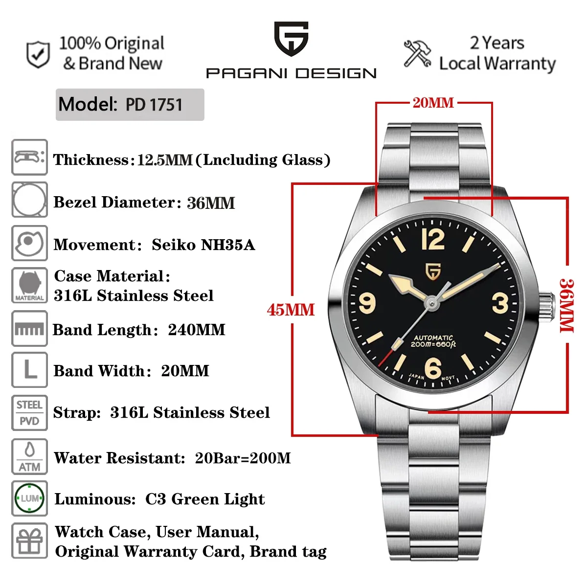 2024 New  PAGANI DESIGN Men Automatic Mechanical Watches NH35 36MM Sapphire Stainless Steel AR Coating 20Bar Relogio Masculino