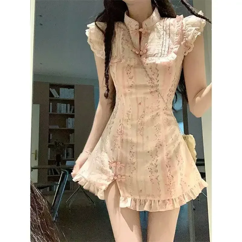 Floral Print Mini Skirt Women's Waist Cinching Slimming Design New Chinese Style Sweet Floral Dress Women