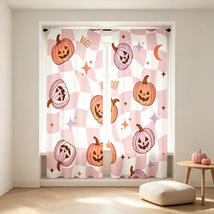 2PCS Digital Print Curtain, Pink White Plaid Pumpkin Halloween, Pastel Retro Checker for Living Room Bedroom Kitchen Decor