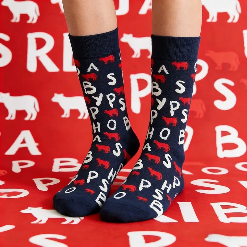 1 Paar marineblaue Wadensocken mit Buchstaben- und Kuhmuster für Herren – stilvolle, lässige Streetwear-Socken