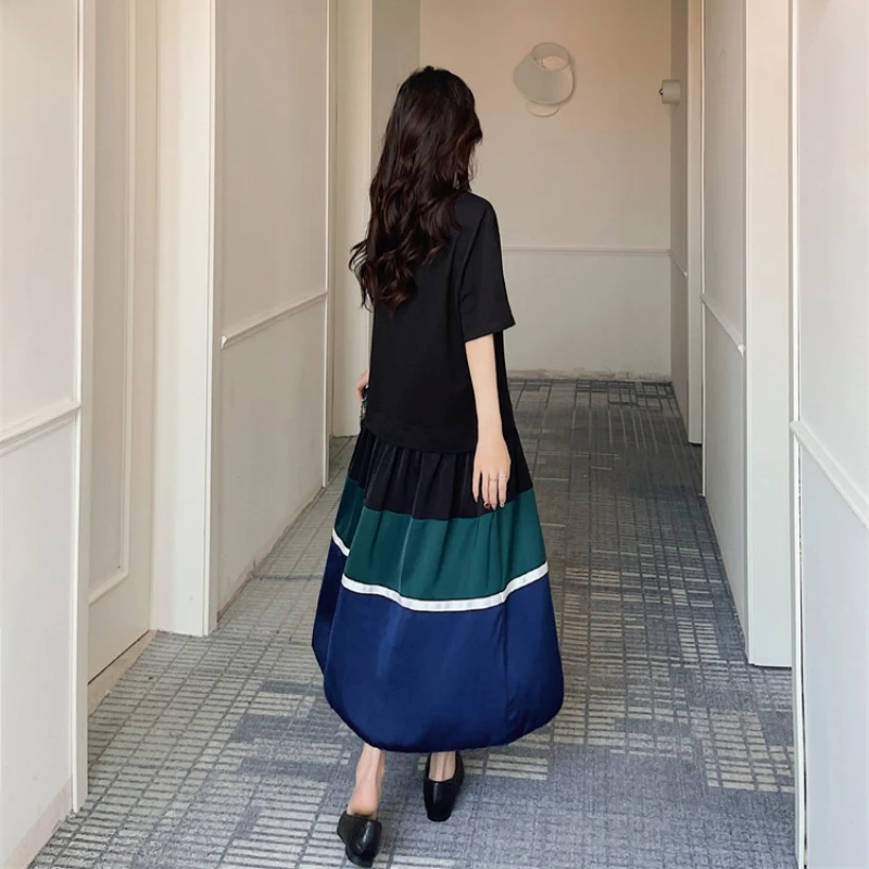 Zomer Plus Size Dames Loose Fit Korte mouw Kleurcontrast Street Style Oversize Ronde hals A-lijn T-shirt Lange jurk