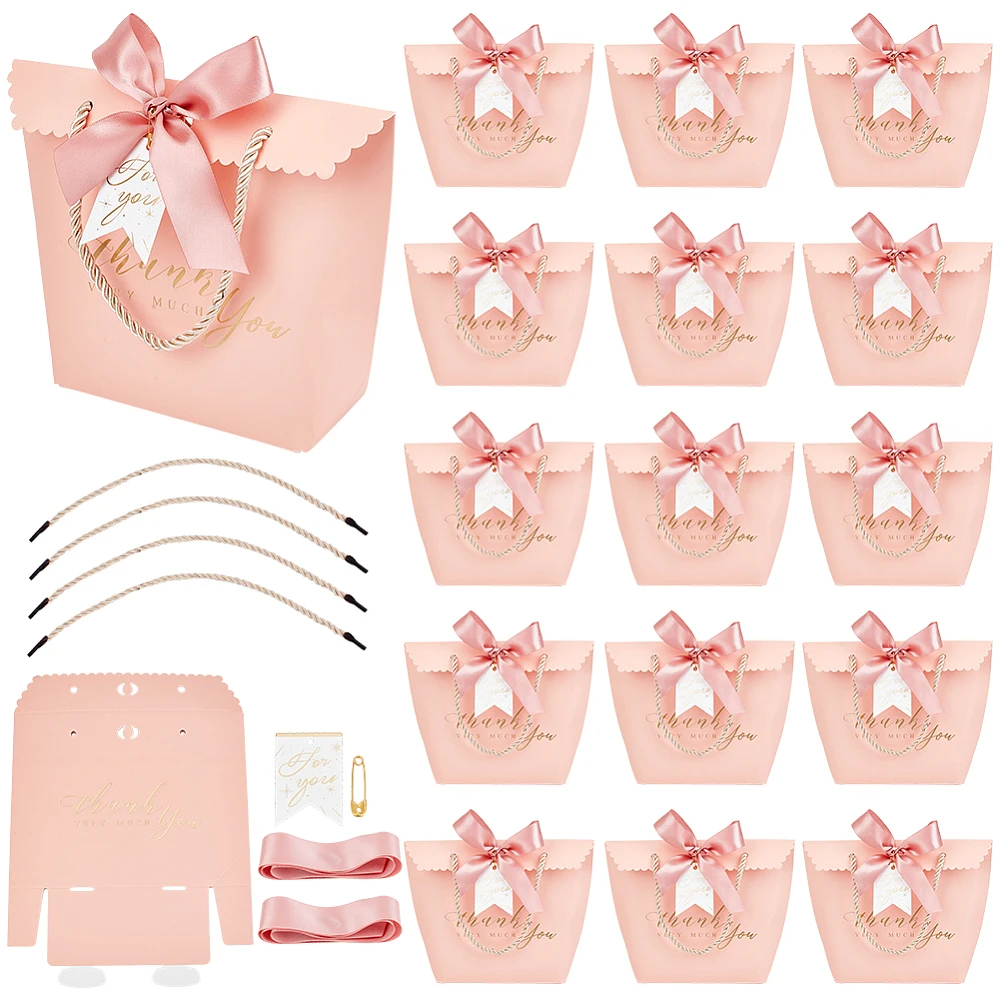 20 Sets Pink Wedding Favor Boxes 5.7x2.6x6.3Inch Thank You Paper Gift Boxes with Handle Ribbon Tag Wedding and Anniversary