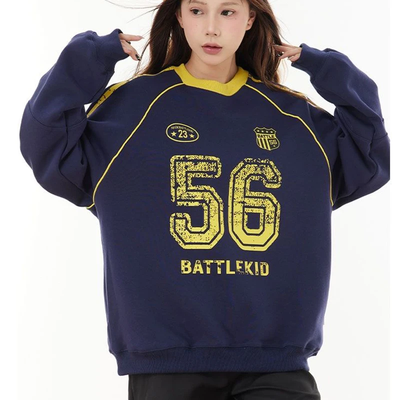 

American Streetwear Retro Sweatshirt Hoodie Wind Badge Contrasting Color Splicing O-neck Men Women Couple Top Kawaii Clothes