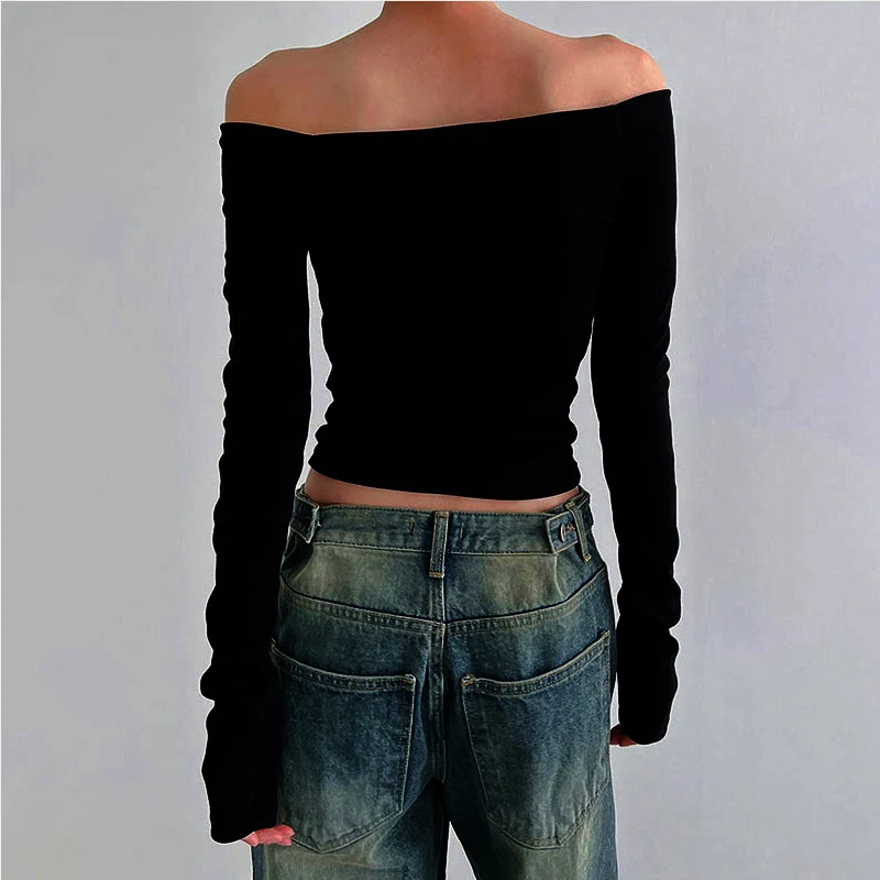 Black Solid Versatile Sexy Slash Neck Elegant Long Sleeve Tops Korean Fashion Slim Cropped T Shirt Women Clothing