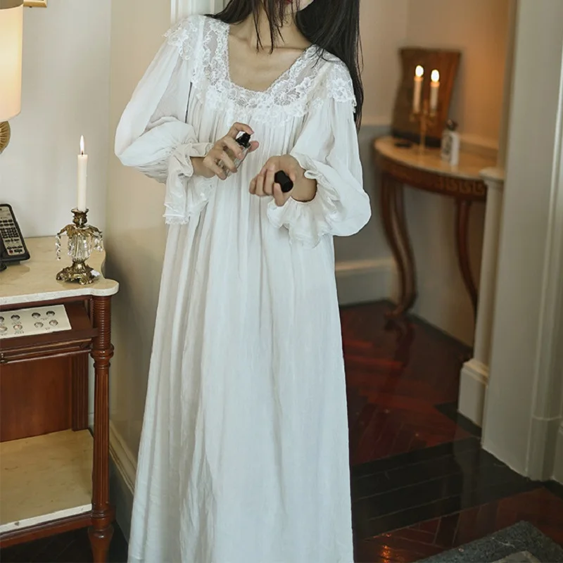Delicate Vintage Embroidery Cotton Women's Long Nightgowns With Breast Pads Luxury Sleepwear Elegant Loose Spring Autumn Dress - Image 3