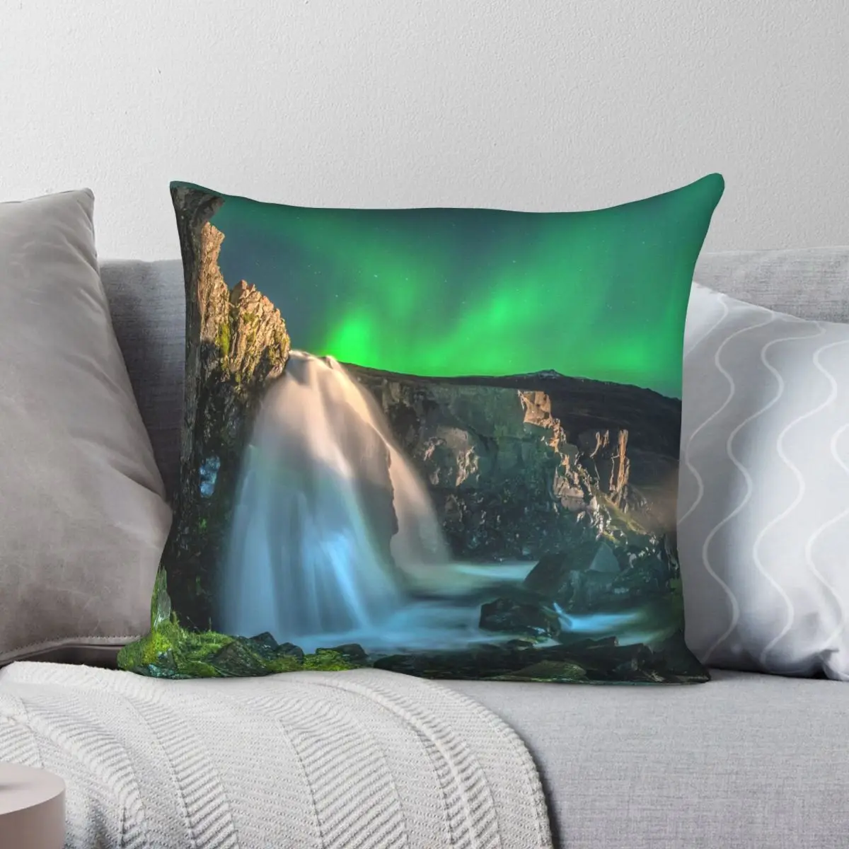 Aurora Falls Eastern Iceland Square Pillowcase Polyester Linen Velvet Creative Zip Decor Pillow Case Home Cushion Case