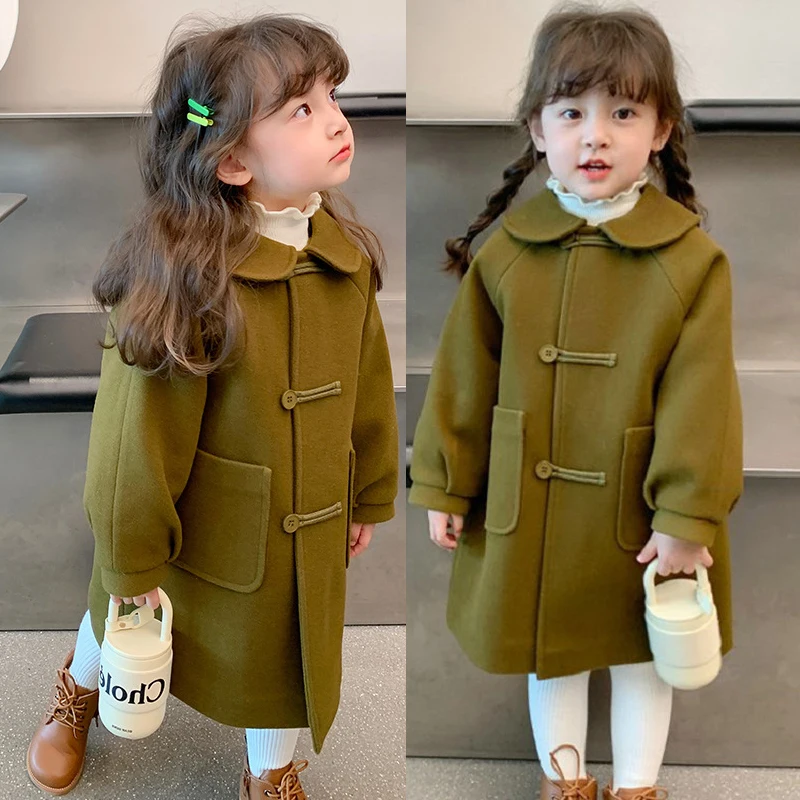 Girls Woolen Overcoat Autmn Winter New Long Style Thick Warm Jacket For 2-6Y Doll Neck Single Breasted Cardigan Windbreaker Coat