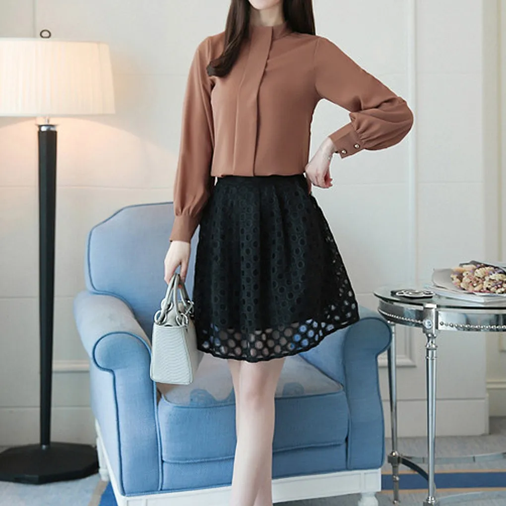 Dames chiffon shirt effen kleur lange mouwen blouse meisjes opstaande kraag tops