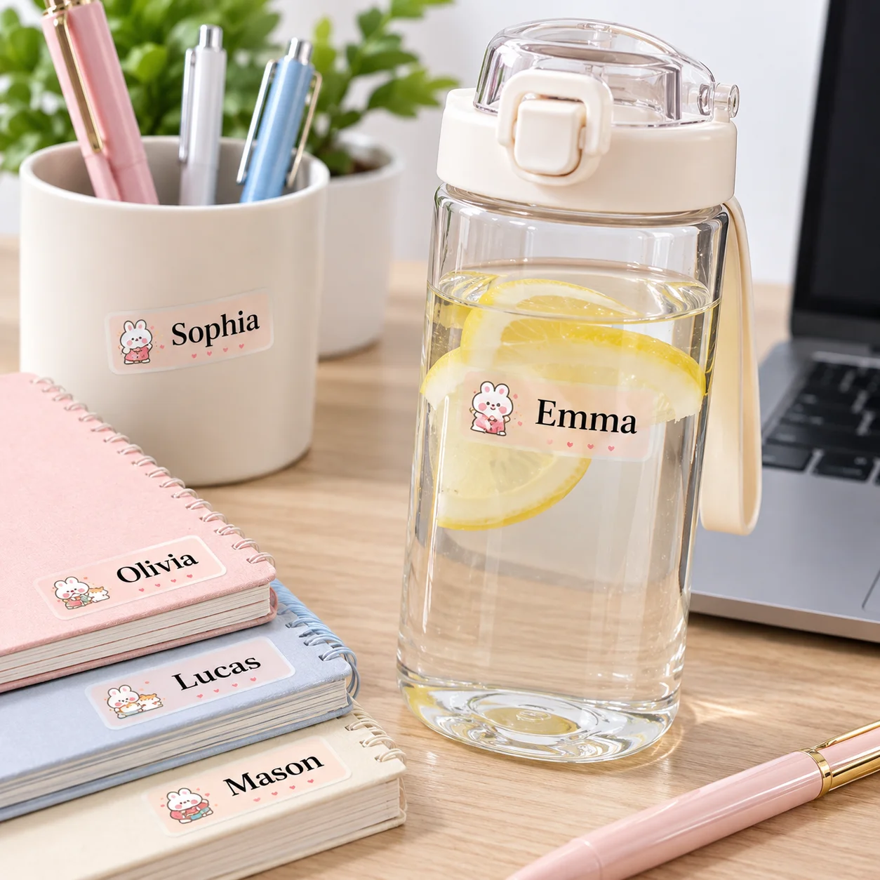 Custom name stickers featuring rabbits and squirrels—personalized labels perfect for cups, office storage bins, and everyday use