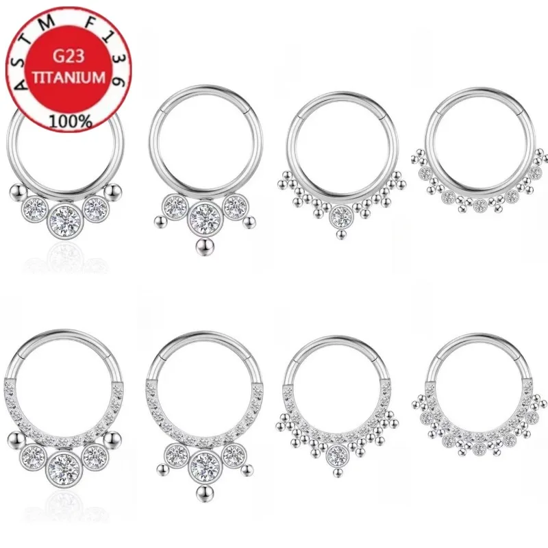 2/5Pcs 16G Implant Grade G23 Titanium Clear Zircon Septum Clicker Hinged Segment Nose Ring Daith Tragus Helix Body Jewelry