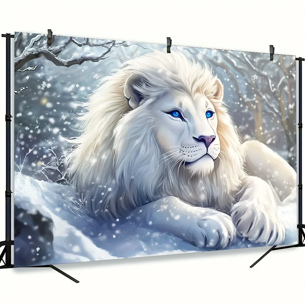 1pc Modern Art White Lion Blue Eyes Snow Scene Winter Tapestry, Polyester Fabric - For Living Room, Bedroom Decoration