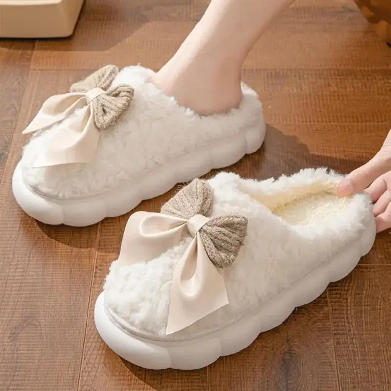 Rosa Schleifen-Plüsch-Hausschuhe für Damen Winter 2026 Neue Dicke Plattform Weiche Sohle Warme Plüschige Indoor-Schuhe – Detail 5