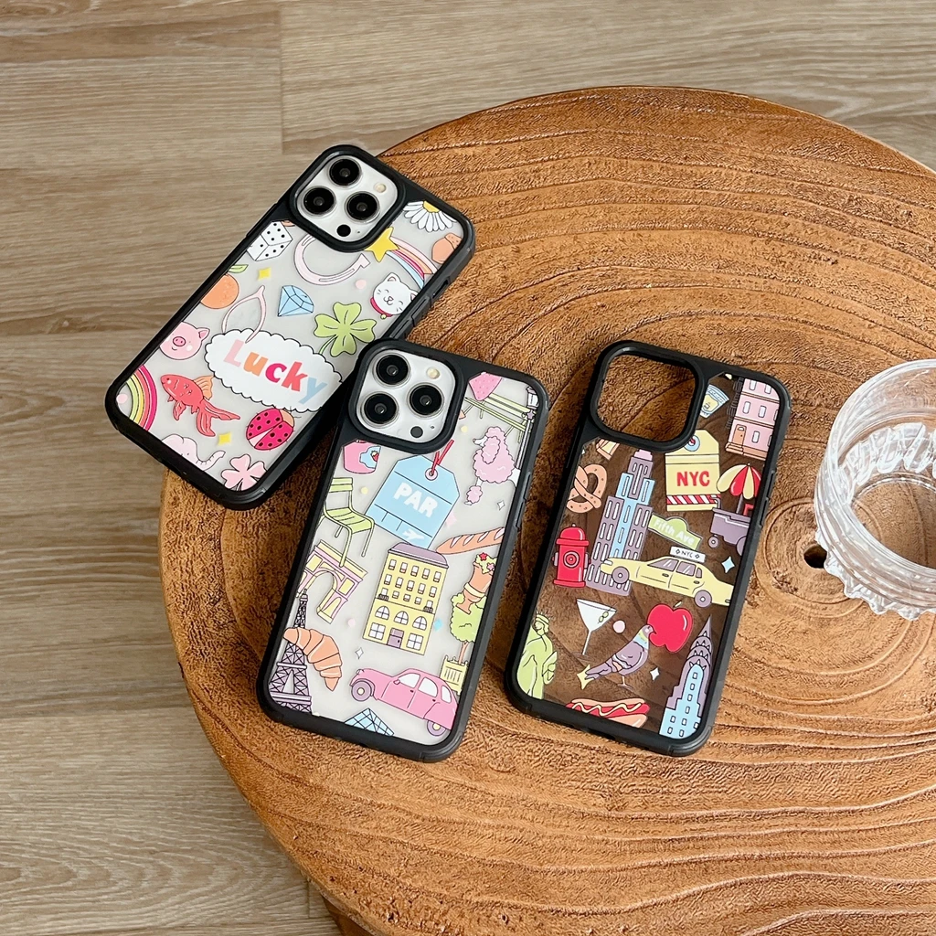 Cartoon House Car Landmark Buildings Animal Graffiti Phone Cover Case for iPhone 16 15 14 13 12 11 Pro Max 7 8 Plus Xs max XR X