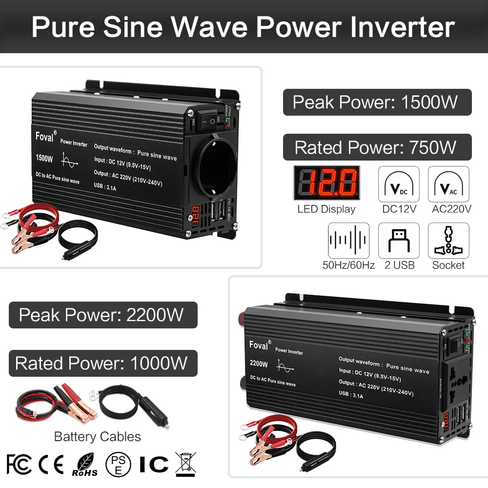 DC 12V TO AC 220V 1500W/2200W Car Power Inverter 50Hz/60Hz Pure Sine Wave Converter Adapeter Dual USB LED Display For RV/Outdoor