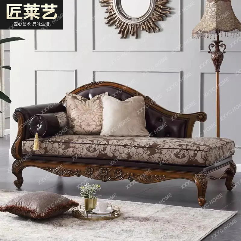 Chaise longue rétro pour salon, chaise de chevet élégante en cuir véritable sculptée pour chambre à coucher
