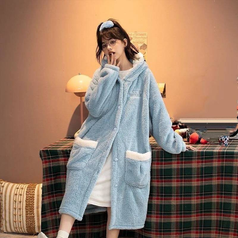 Conjunto de pijama feminino bonito com capuz aconchegante coral veludo outono inverno manter quente flanela robe grosso confortável pijamas roupas para casa