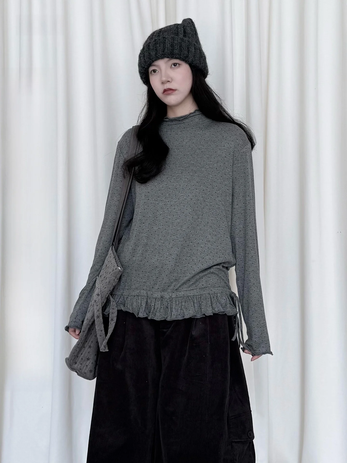Land And Mountain Island Small Collar Polka Dot Base Shirt Single Side Drawstring Waist Ruffle Base T Shirt Inner Wear over S...