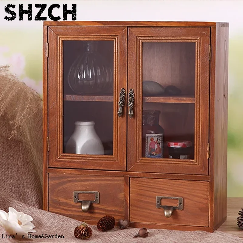Cute Beautiful Handmade Tabletop Standing Vintage Wood Mini Cabinet with Doors Drawers