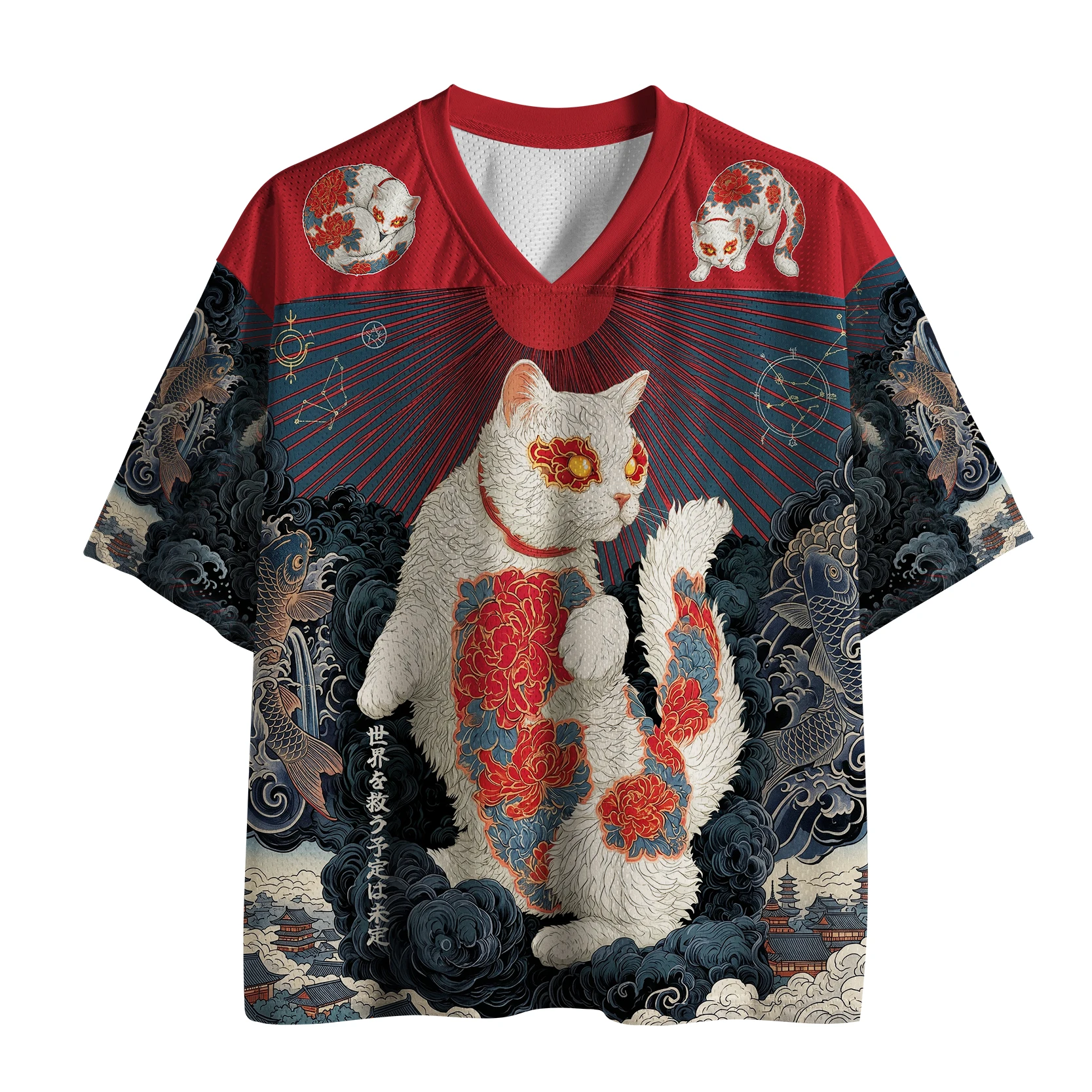 Derniers modèles de tatouages Ukiyo-e pour hommes et femmes, chat blanc, vagues, poisson koï, imprimé en 3D sur maille, col en V, manches courtes amples et respirantes