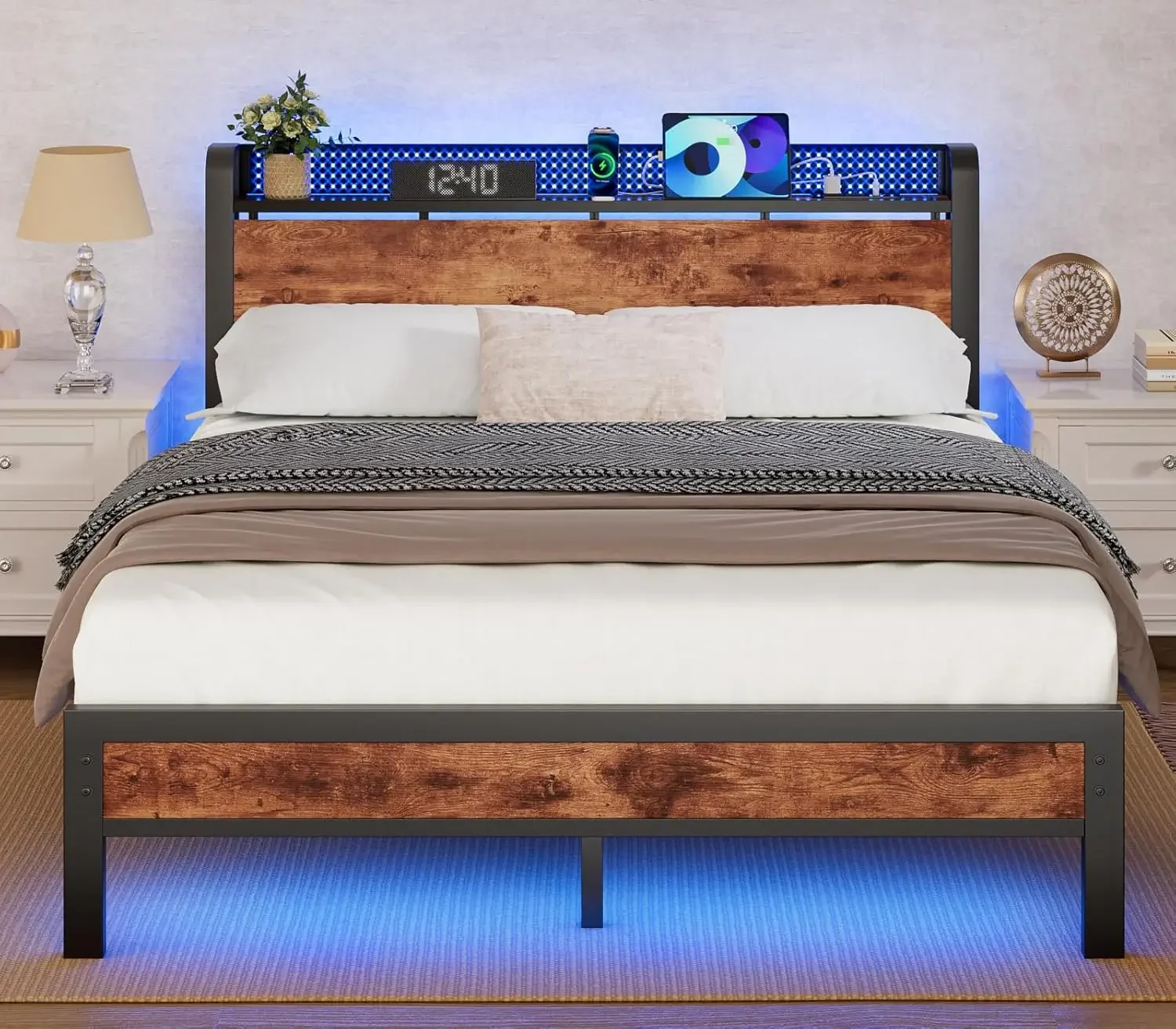 Bed Frame with Charging Station and LED Lights,Industrial Platform Beds Queen Size with Storage Headboard,USB Port