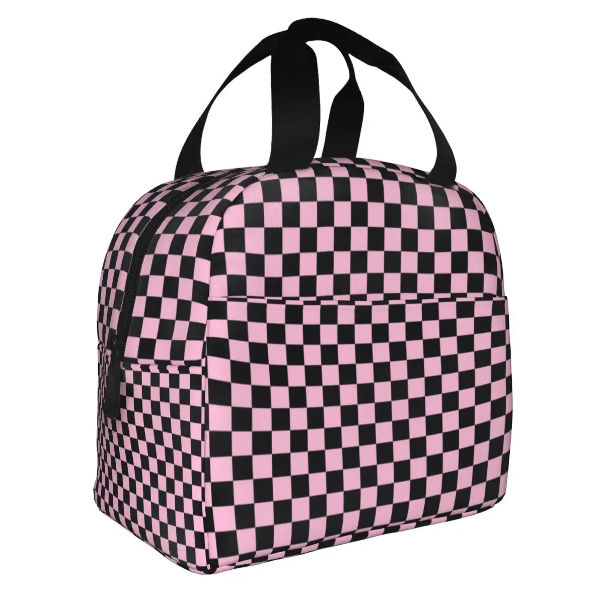 Black And Cotton Candy Pink Checkerboard Plaid Lunch Bag Women Cooler Warm Insulated Lunch Box for Office