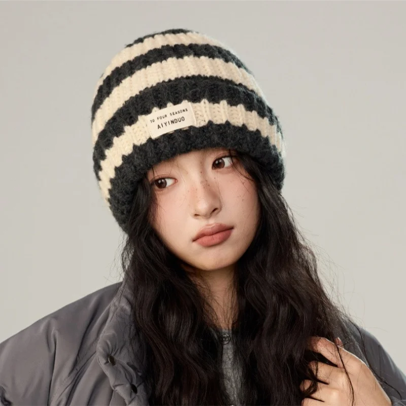 

Knitted Winter Cap Women Korean Striped Thick Needle Color Blocking Woolen Cap Ear Protection Warm Cap Dopamine Sweet