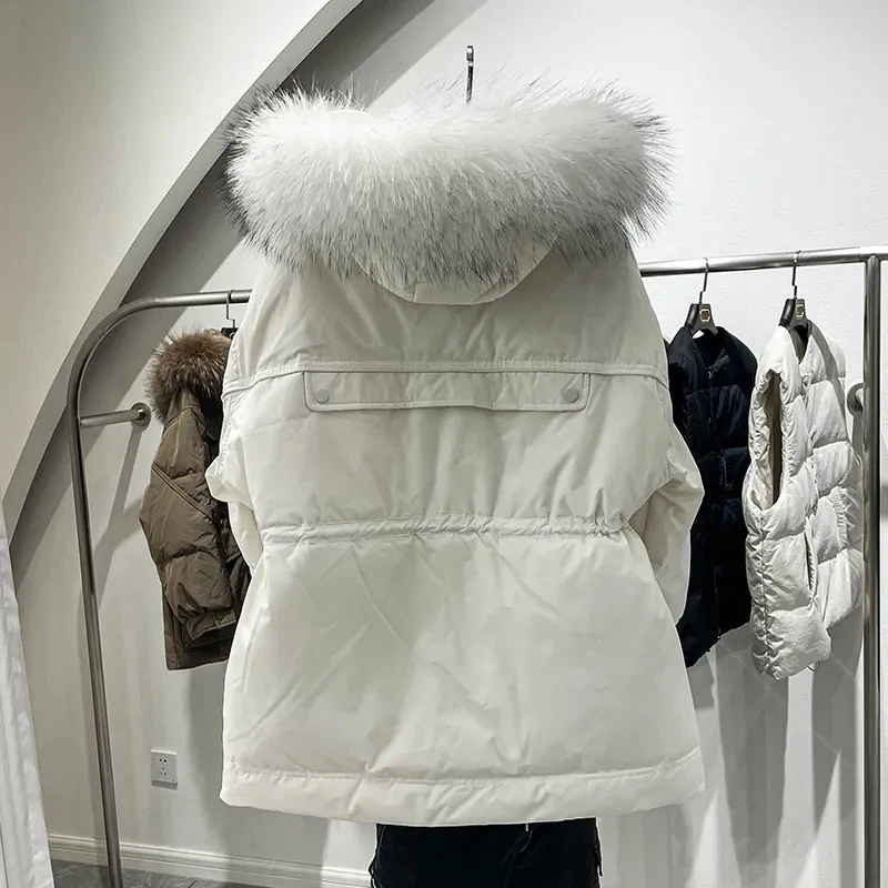 2023 New Winter Women Warm Hooded Big Real Fur Collar White Duck Down Big Pocket Thicken Coat Korean Version Parker Down Jacket