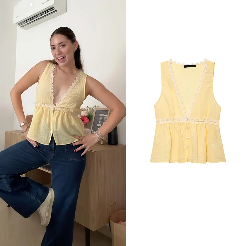 

Summer New Tops Women's 2025 Fashion Vest Slim V-neck Lace Hollow Women's Tank Tops Chic Summer Joker Street Youth Tops