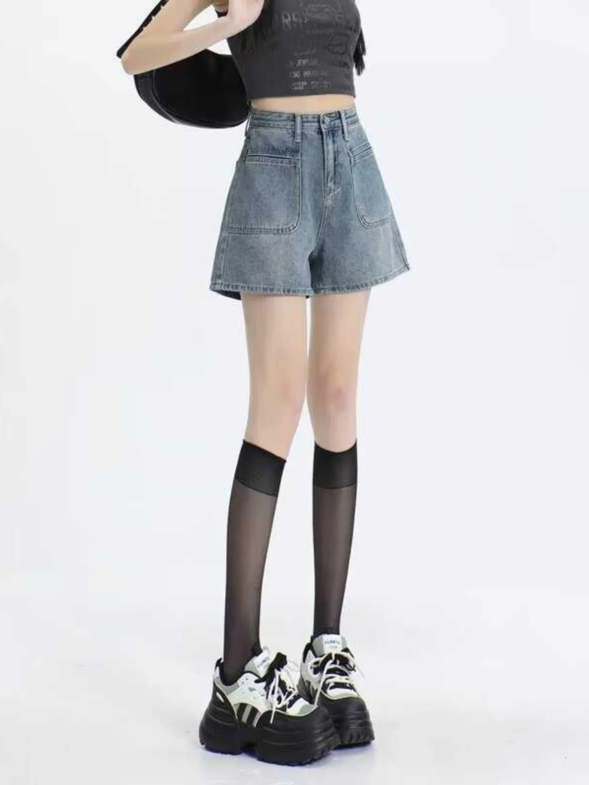 

High Waist A-Line Denim Shorts Women's Summer New plus Size Slimming Hot Pants Wear Resistant Short Length Zipper Closure