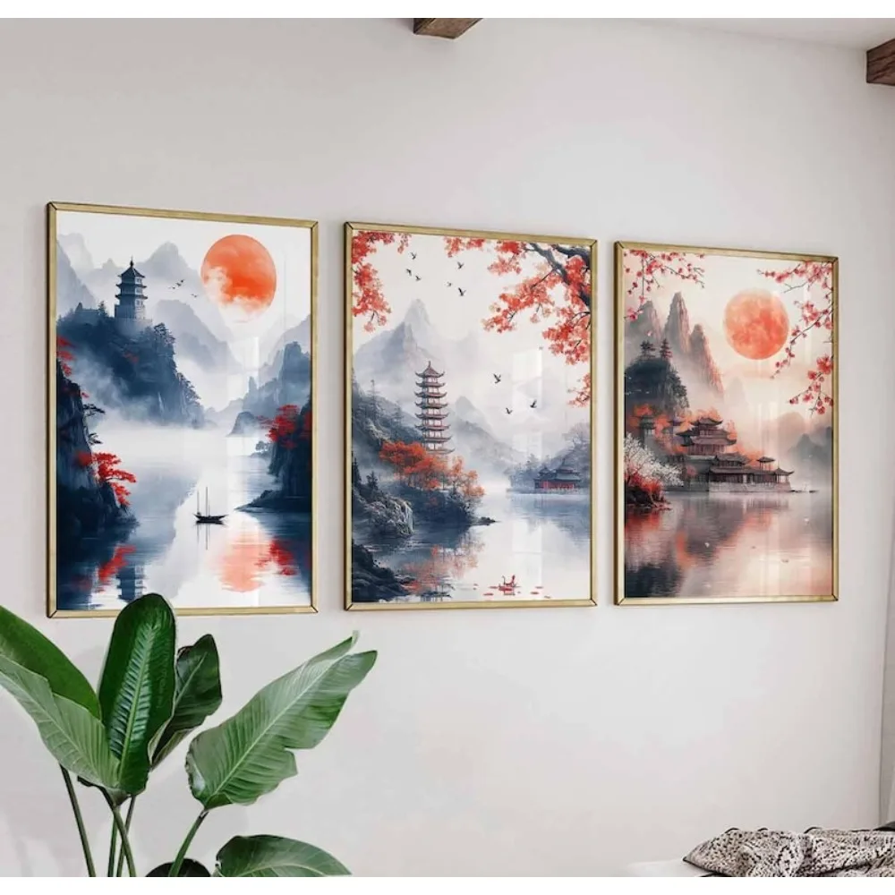 مجموعة ملصقات للمناظر الطبيعية الحمراء الصينية بدون إطار مكونة من 3 قطع، فن تقليدي، مطبوعات غروب الشمس والقمر، ديكور فني طبيعي سلمي #1
