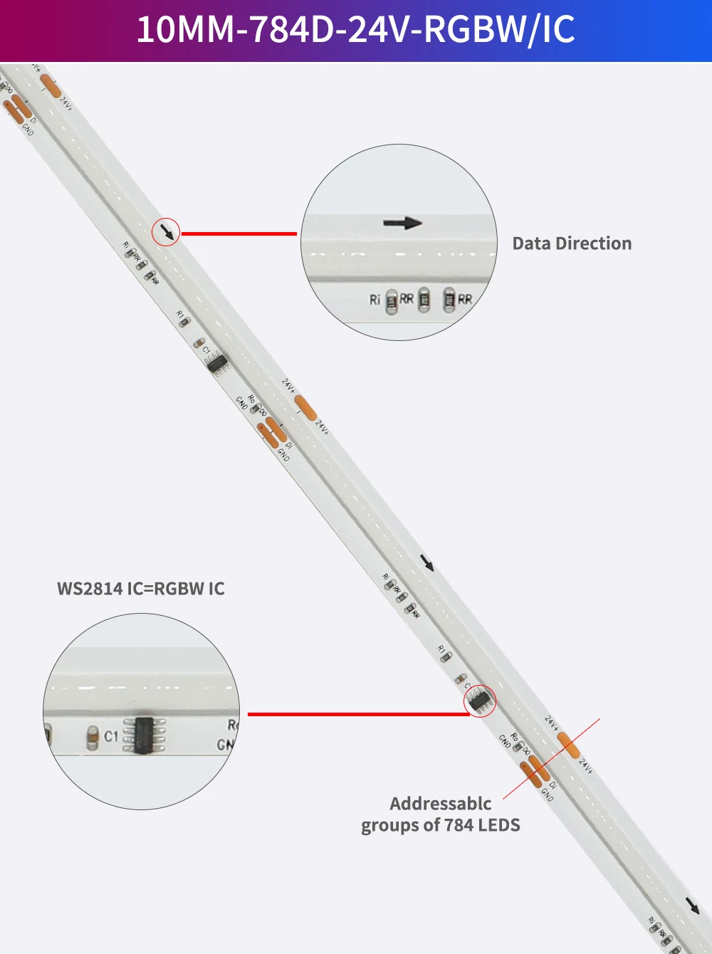 DC24V COB LED Strip Light WS2814 784Leds/m Addressable IC RGBW RGBNW RGBWW Flexible Dream Colors FOB COB Tape RA90