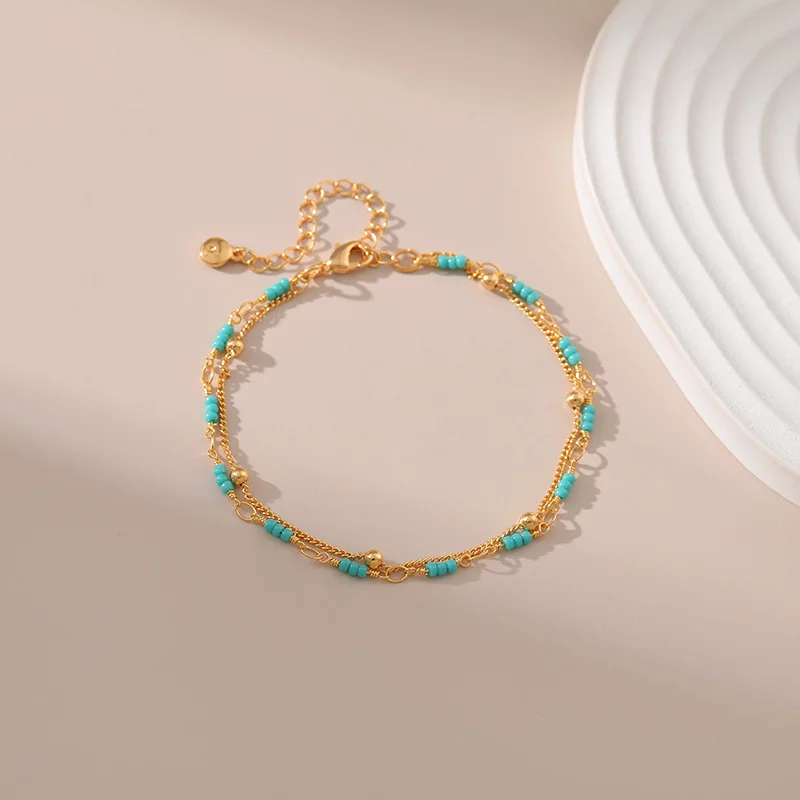 Handmade Turquoise Hand String 18K Gold Plated Double Bead chain Women Bracelets National Style Jewelry Lady Gifts