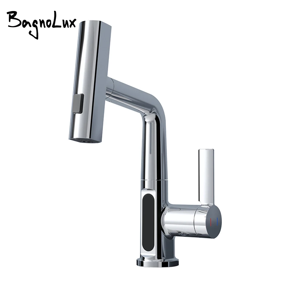 Rose Gold Basin Faucet Digital Display Tap Hot and Cold Pull Down lift Mixer Waterfall Water twist Deck Mounted