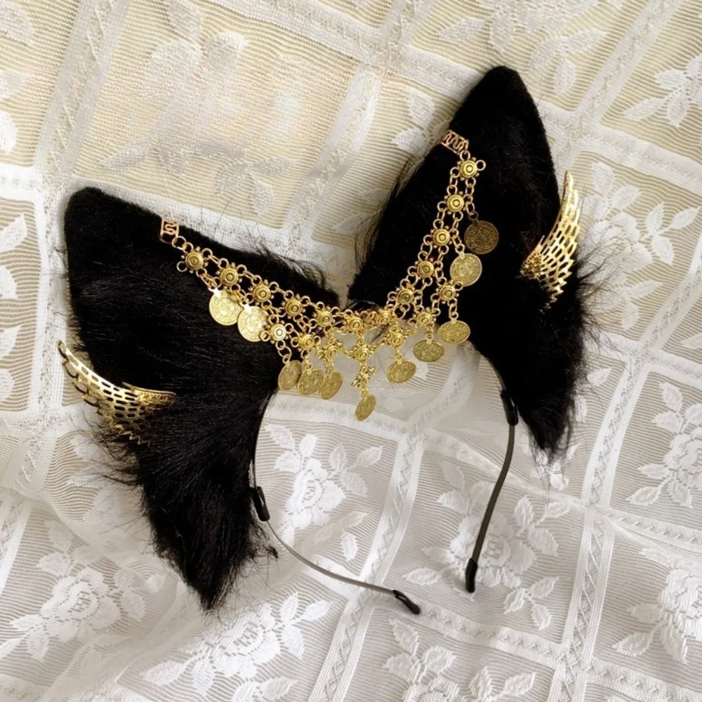 

Golden Wings Cosplay Anubis Headband Plush Alloy Animal Ears Hairband Tassel Gothic Egypt Style Headwear Hair Styling Accessory