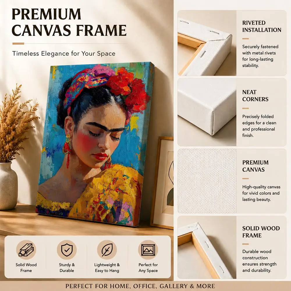 Vintage Art F-Frida Kahlo Framed Wall Painting Canvas Art Poster with Solid Wood Frame for Living Room Home Decor