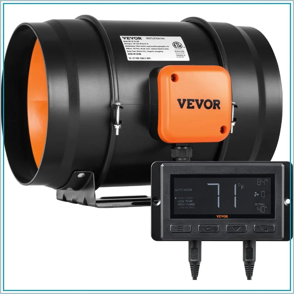8 Inch Inline Duct Fan 807 CFM with Temp & Humidity Controller, Quiet EC Motor for Grow Tents, Hydroponics
