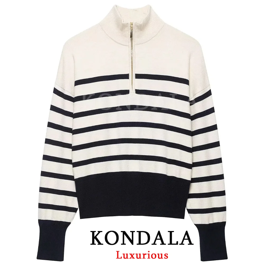KONDALA Casual Chic Women Knitted Top Striped Stand Collar Zipper Long Sleeve Slim Top Fashion 2026 Autumn Fall Knitted Top