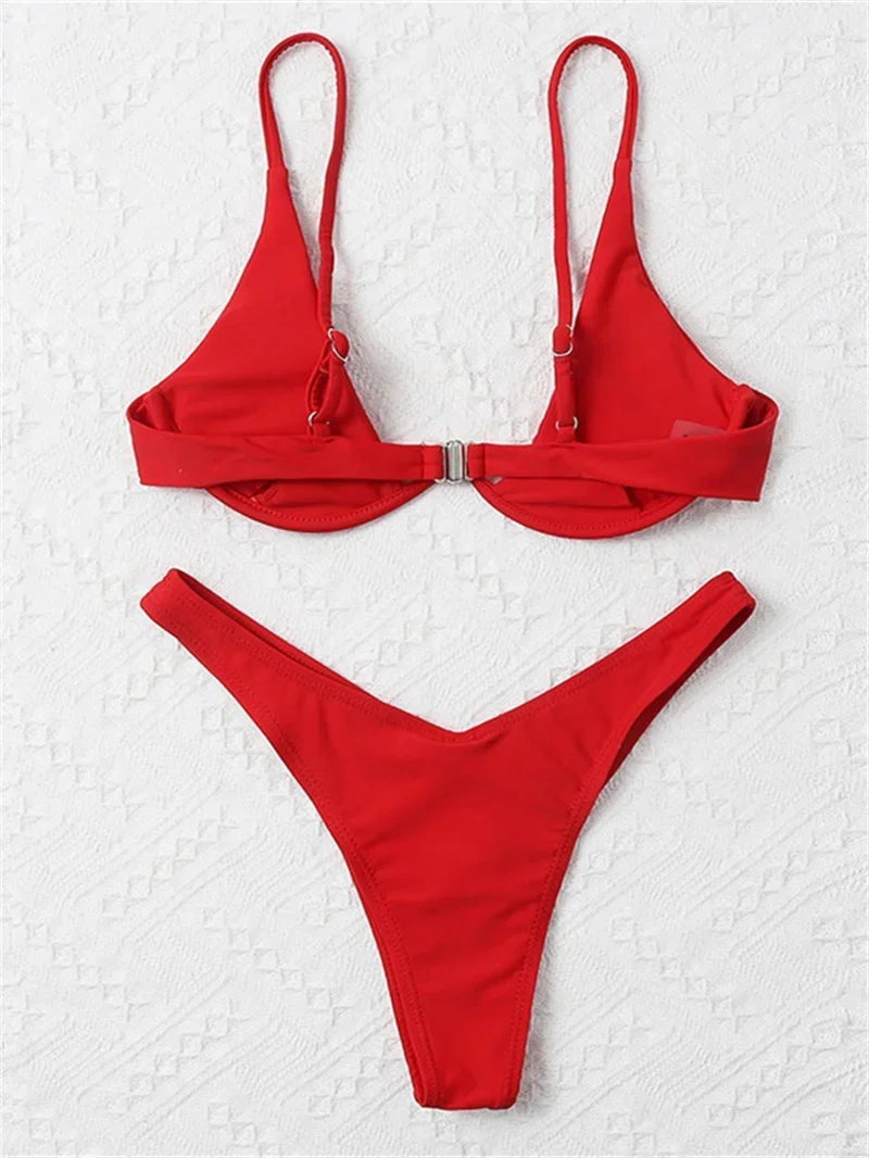 Sexy Underwire Bikini 2024 Mujer Women Solid Red Push Up Bra Thong Swimsuit Haler V Neck Bathing Suit Mini Micro Thong Swimwear