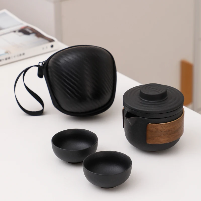 Black Ceramic Quick Cup Portable One Pot Four Cups Travel Tea Set with Small Teapot Outdoor Car Supplies New